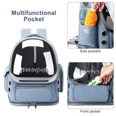 YUNLINLI cat backpack shows side-pocket storage for toys and snacks.