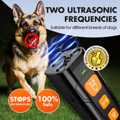 YUYQA dog bark deterrent device night shot emphasizes safety features like LED light.