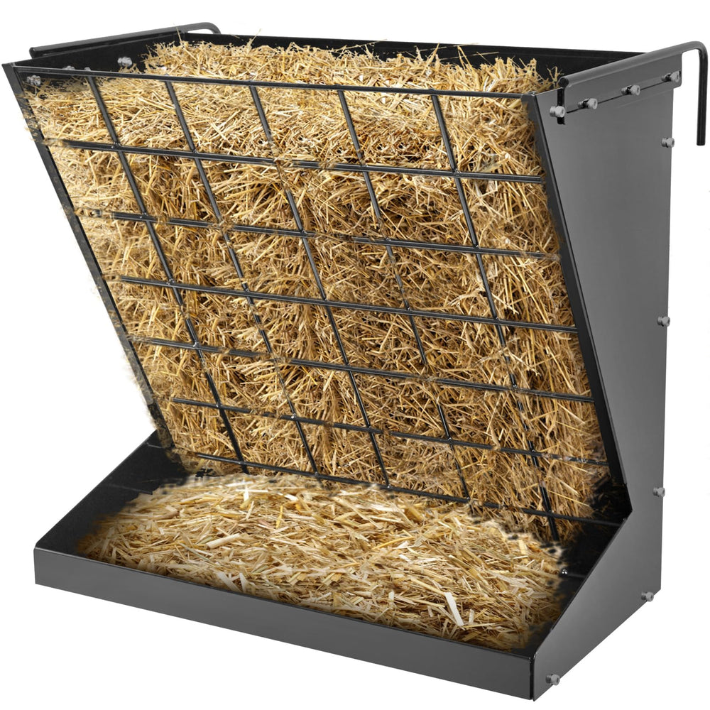 YXJSTO wall mount hay rack front view showing sturdy galvanized frame for safe feeding.
