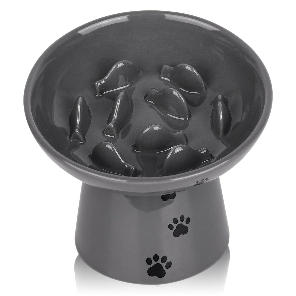 Y YHY slow feeder cat bowl gray, elevated for comfortable feeding.