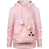 YYW pet hoodie pink front view showing cozy layer and built-in pet pouch for hands-free outings