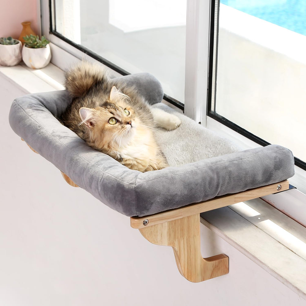 Zakkart cat perch wood frame demonstrates sturdy hardwood for window lounging.