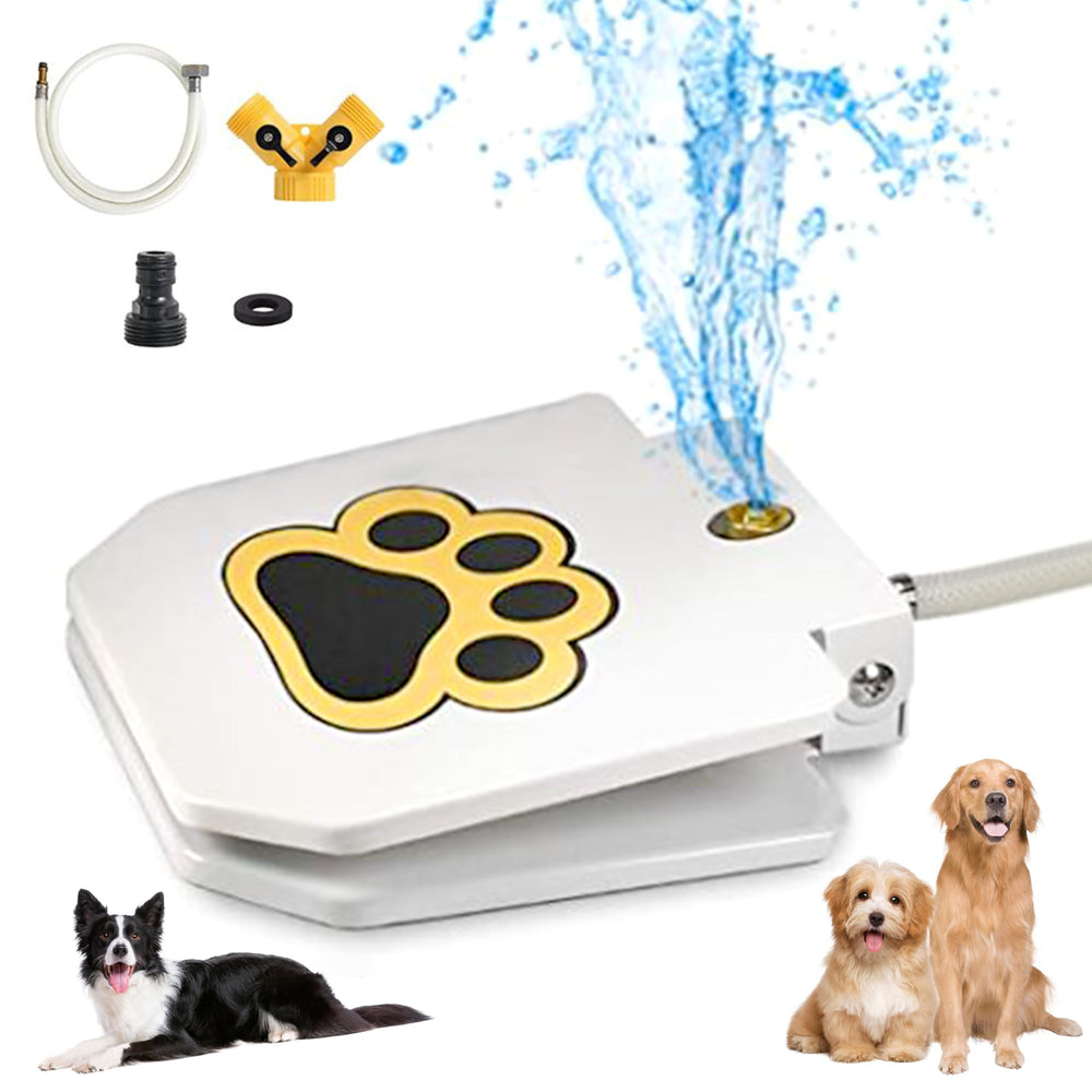 ZALBYUY dog water fountain outdoors with brass spout providing on-demand water.