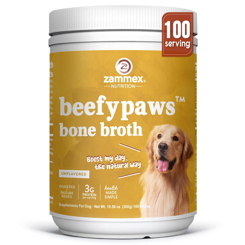 Zammex Grass-Fed Beef Bone Broth Powder tub front label signals joint-supporting nutrition.