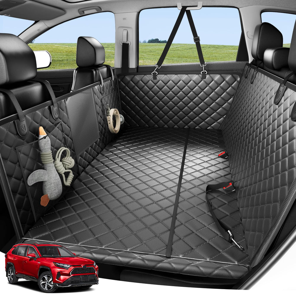 Zanch heavy-duty car seat cover provides extended comfort for multiple large dogs on road trips.