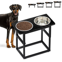 Zarler elevated dog bowls stand setup showing adjustable heights for XL and large breeds.