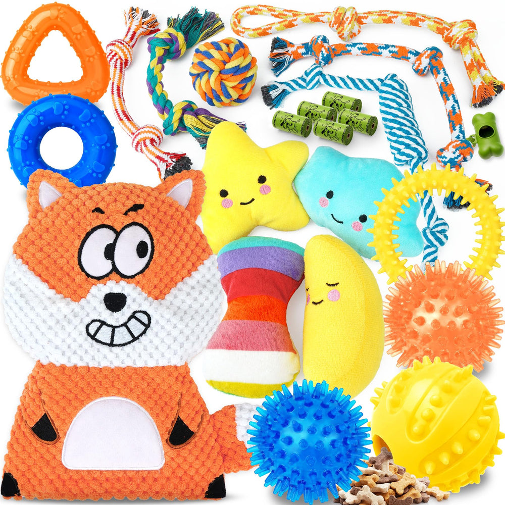 Zeaxuie 23-pack luxury puppy toys bundle box showing variety for teething and play