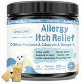 ZEBORA Dog Allergy Relief Chews label highlights probiotic-rich formula for skin support.