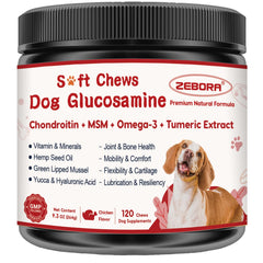ZEBORA dog joint supplement soft chews bottle for flexible movement support.