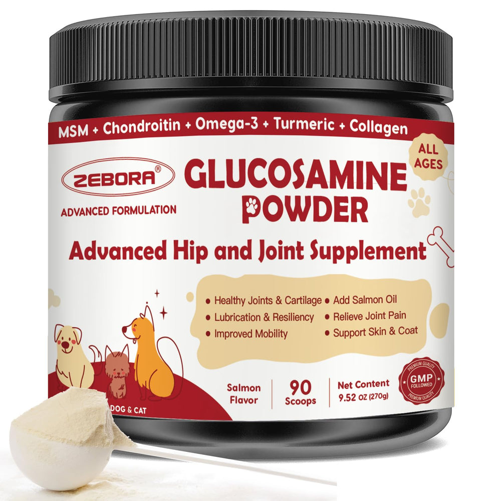 ZEBORA Glucosamine for Dogs bottle shows joint-support formula for mobility.