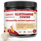 ZEBORA Glucosamine for Dogs bottle shows joint-support formula for mobility.