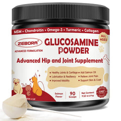 ZEBORA Glucosamine for Dogs bottle shows joint-support formula for mobility.