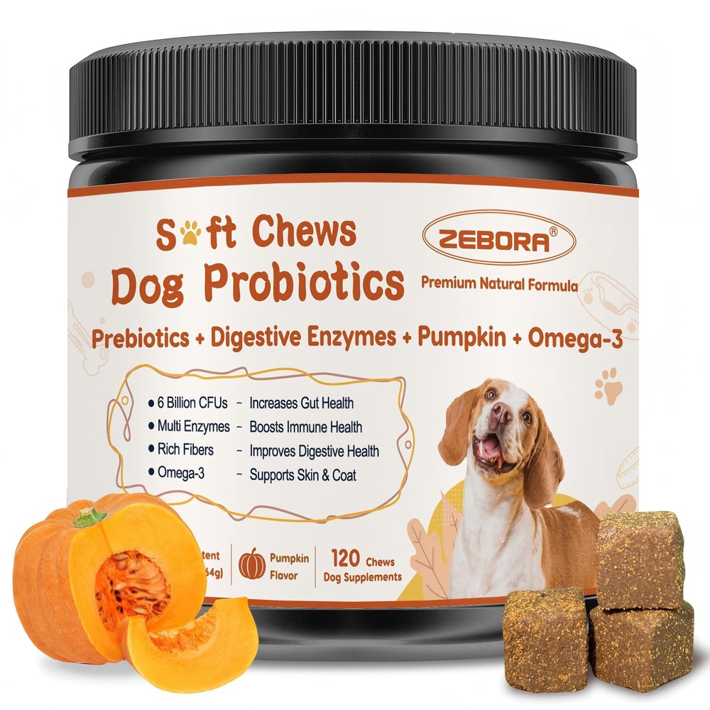 ZEBORA probiotics for dogs soft chews bottle shows convenient daily digestive support.