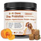 ZEBORA probiotics for dogs soft chews bottle shows convenient daily digestive support.