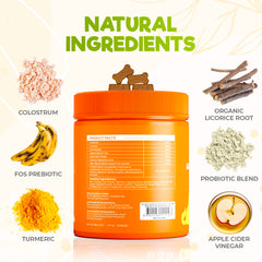 ZENO Dog Allergy Chews ingredients highlight colostrum on label.