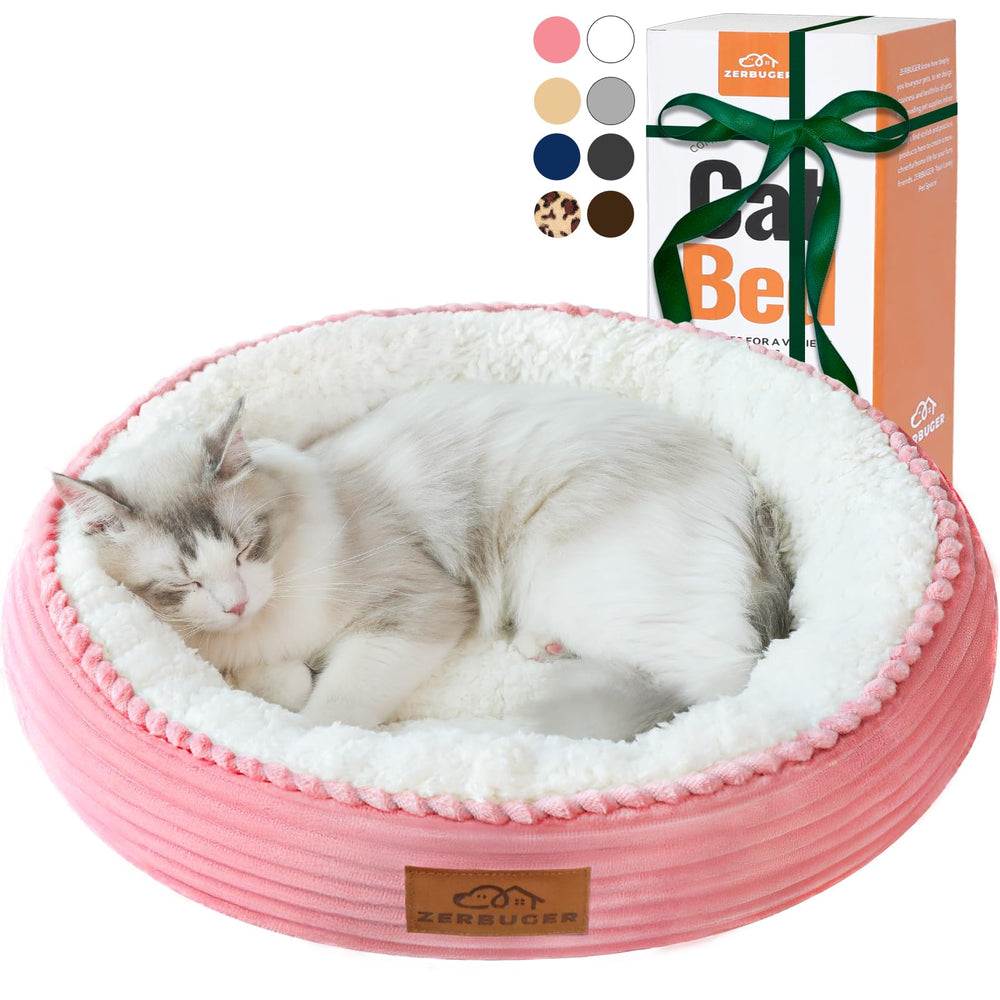 Zerbuger 20in pink cat bed front view, round donut shape for cozy lounging