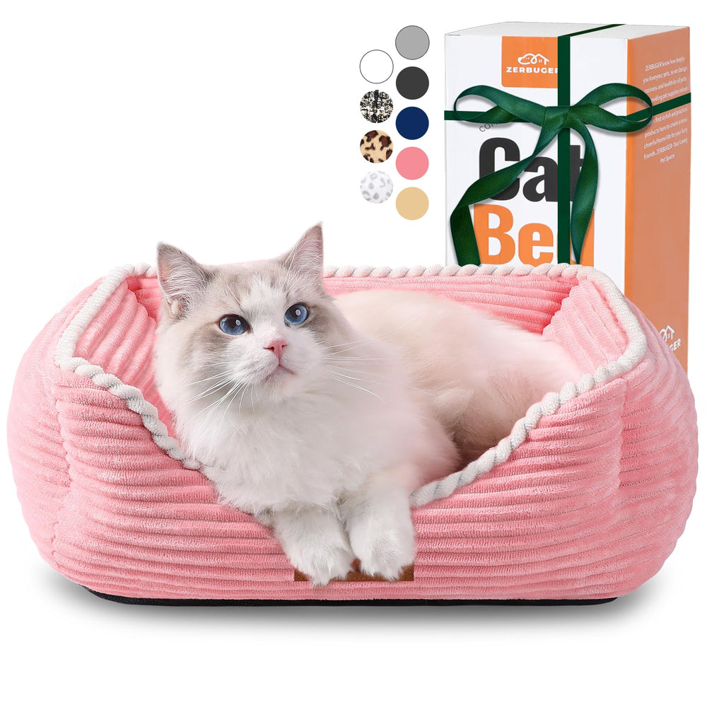 Zerbuger cat bed in pink soft fabric offers cozy home comfort.