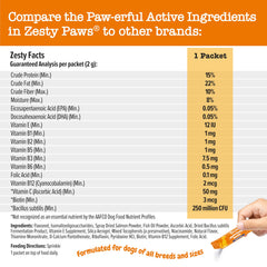 Zesty Paws 10-in-1 label closeup shows VitaFiber IMO and fish oil ingredients.