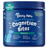 Zesty Paws Advanced Cognition bites bottle shows omega-3 brain support for calm focus.