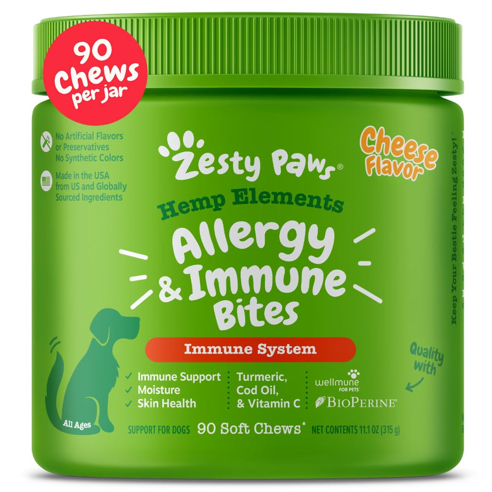 Zesty Paws Allergy Relief soft chews bottle shows immune support and skin comfort potential.