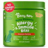 Zesty Paws Allergy Relief soft chews bottle shows immune support and skin comfort potential.