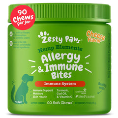 Zesty Paws Allergy Relief soft chews bottle shows immune support and skin comfort potential.