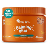 Zesty Paws Calming Chews dog tub front shows calming formula for anxious dogs.