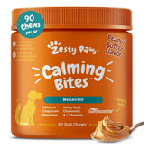 Zesty Paws Calming Chews peanut butter package front promotes calm during daily routines.