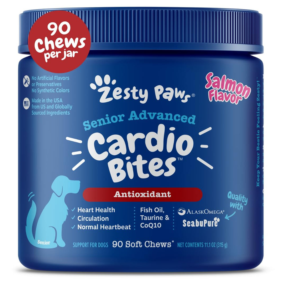 Zesty Paws cardiovascular senior dog chews close-up for heart support.