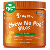 Zesty Paws Chew No Poo bites bottle label for stool-deterrent and probiotic support