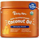Zesty Paws Coconut Oil bottle 16oz for dogs, virgin organic oil supporting a glossy coat.