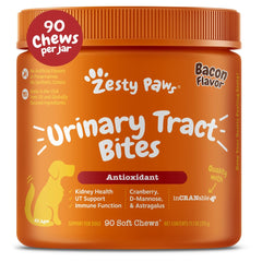 Zesty Paws cranberry supplement bottle pouring—urinary tract support for dogs.
