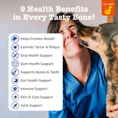 Zesty Paws Dental Bones packaging shows cinnamon flavor for dog appeal and breath-friendly use.