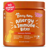 Zesty Paws dog allergy relief chews bottle closeup highlights salmon flavor for dogs