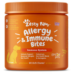 Zesty Paws dog allergy relief chews bottle – convenient daily allergy support.