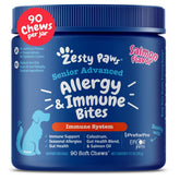 Zesty Paws dog allergy relief soft chews salmon flavor packaging close-up for skin support.