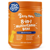 Zesty Paws dog multivitamin bottle front view signaling daily support for joints and immune health.