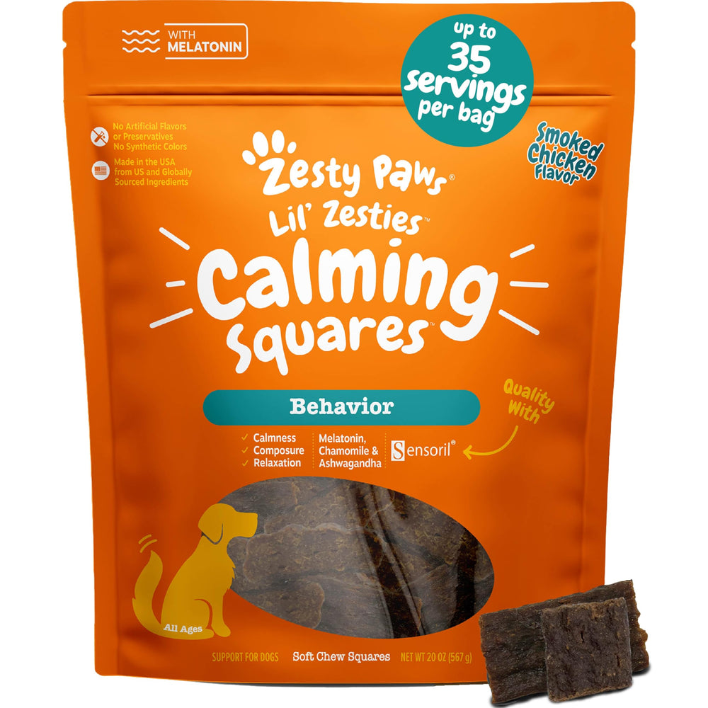 Zesty Paws Flavored Soft Chews calming bottle for anxious dogs promotes a calmer routine.