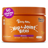 Zesty Paws Hip and Joint bag open with bacon-flavored chews for mobility.