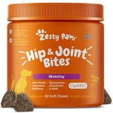 Zesty Paws Hip and Joint Mobility Bites packaging supports joint maintenance.