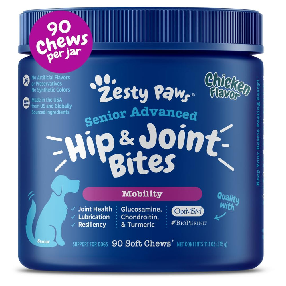 Zesty Paws Mobility Bites bottle for daily senior dog joint support.