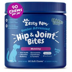 Zesty Paws Mobility Bites bottle for daily senior dog joint support.