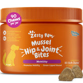 Zesty Paws Mussel Mobility Bites bottle label showing hip and joint support.