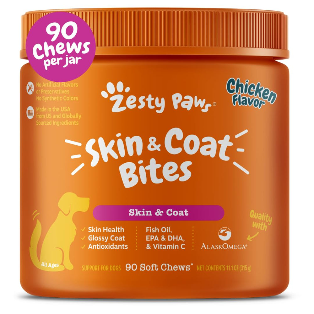 Zesty Paws Omega-3 soft chews bottle showing joint and coat benefits.