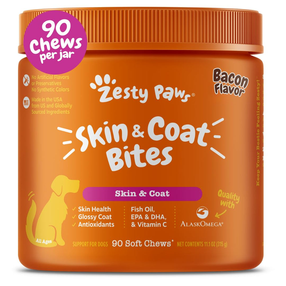 Zesty Paws Omega-3 fish oil dog bottle promotes healthy skin and coat
