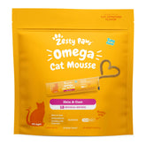 Zesty Paws Omega Cat Mousse tube opened, tuna flavor offers an easy skin-and-coat-friendly reward.