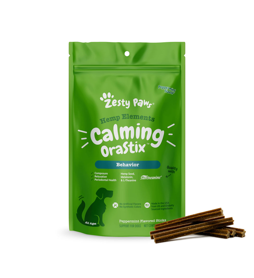 Zesty Paws OraStix pack ready for calming chew time and routine.