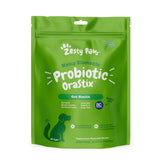 Zesty Paws OraStix packaging front highlighting probiotic sticks for canine gut support.