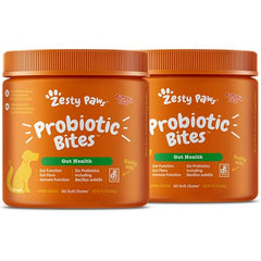Zesty Paws Probiotic Bites pumpkin-chew enhances tasty gut support for dogs.