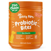 Zesty Paws Probiotics bottle close-up showing daily chews for gut health.